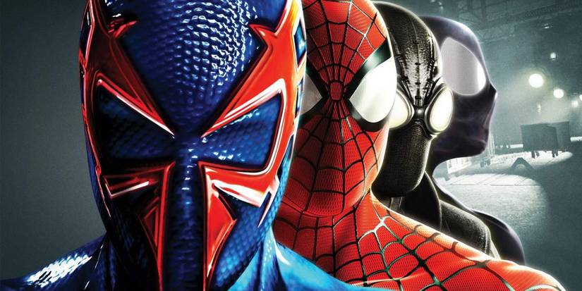 Several iterations of Spider-Man stand in a row from Spider-Man Shattered Dimensions 