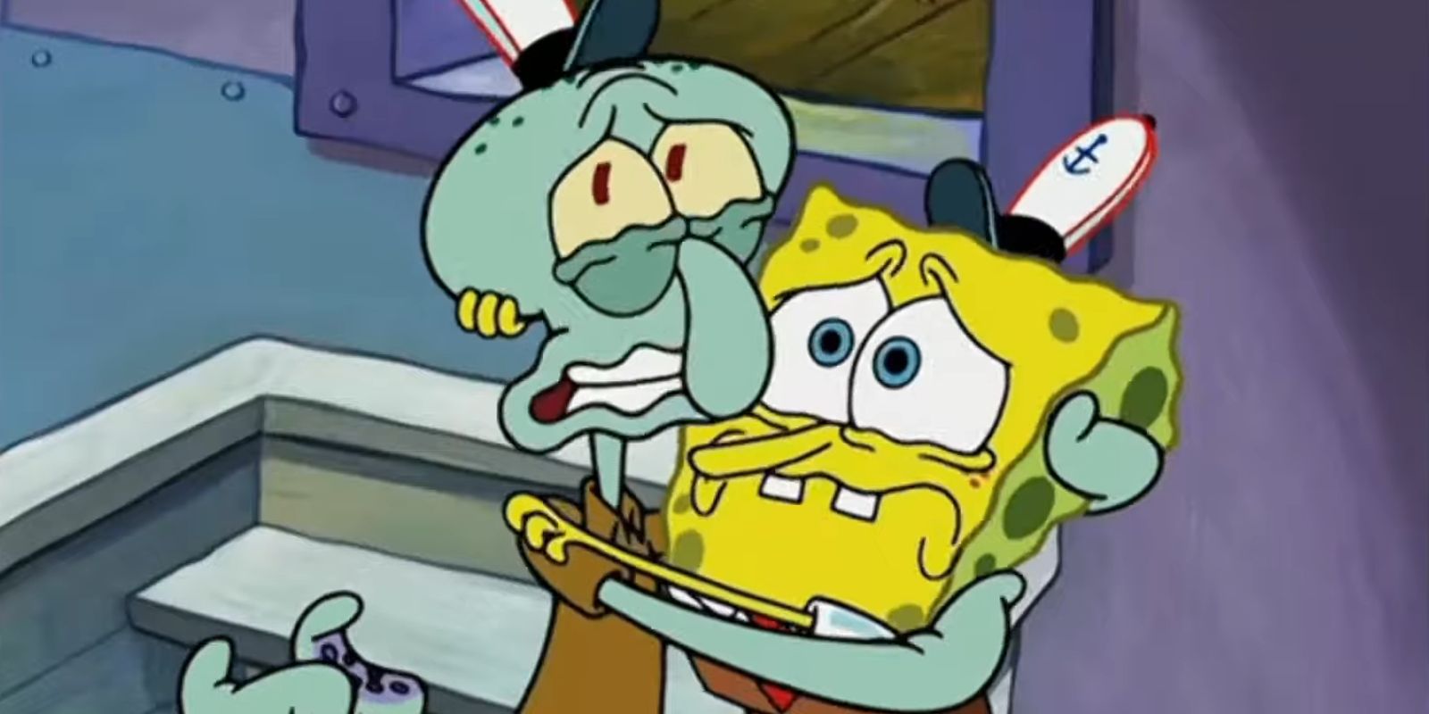 Squidward and SpongeBob cowering in fear in Graveyard Shift on SpongeBob SquarePants
