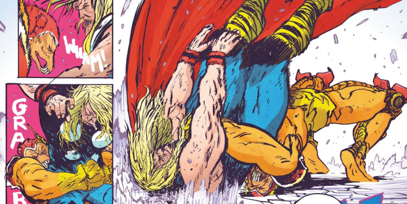 Beta Ray Bill performing a Suplex on Thor in the past.