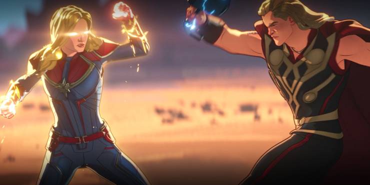 Captain Marvel fighting Thor