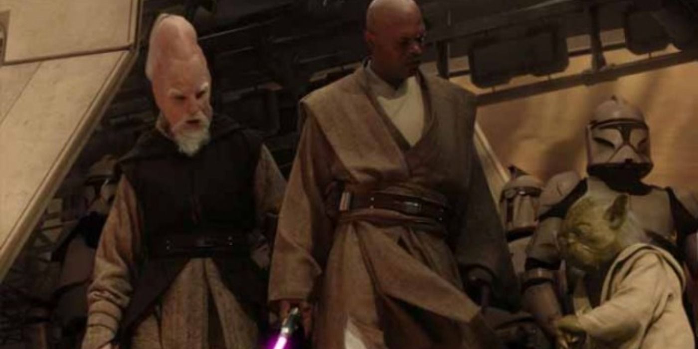 Yoda, Mace Windu, and Ki Adi Mundi fight alongside the clones during the Battle of Geonosis in Attack Of The Clones 