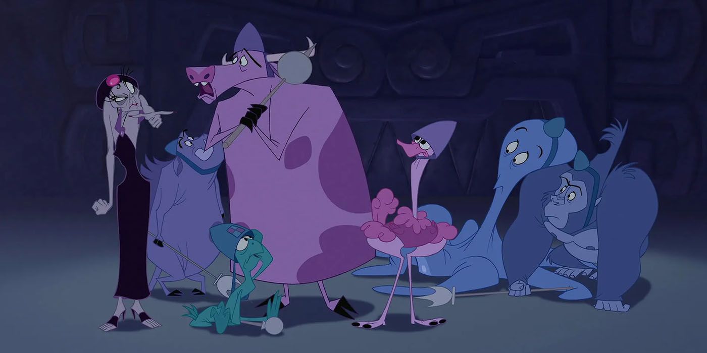 Yzma and the newly transformed animal guards in Disney The Emperors New Groove