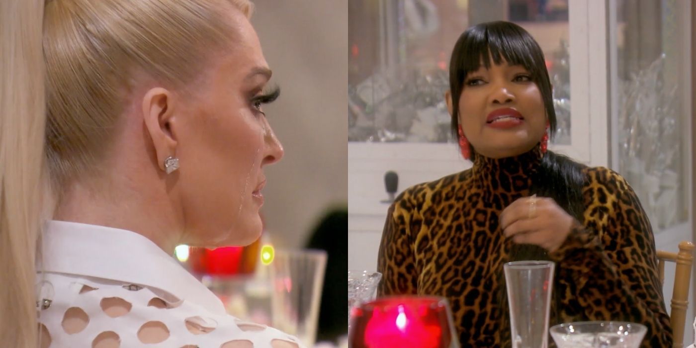 A split image of Erika crying at the dinner table and Garcelle apologizing on RHOBH