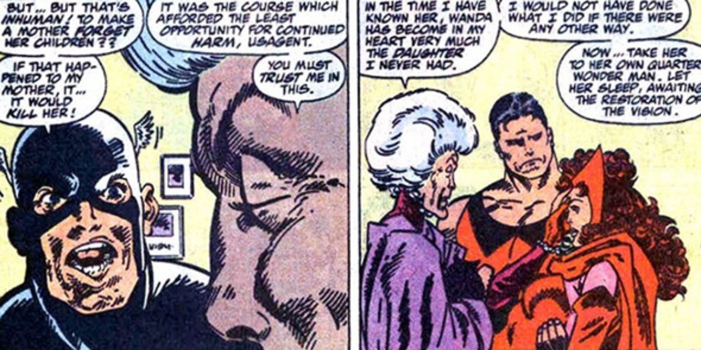 Agatha Harkness makes Scarlet Witch forget her children in Marvel Comics.