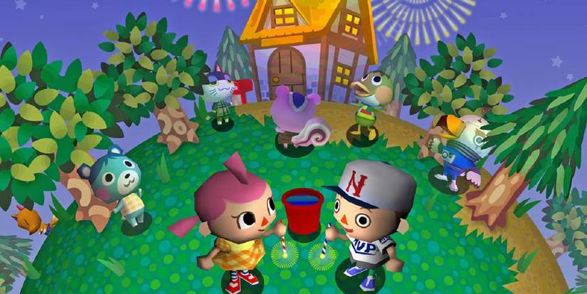 Animal Crossing GameCube game art from 2001 showing a player and villagers