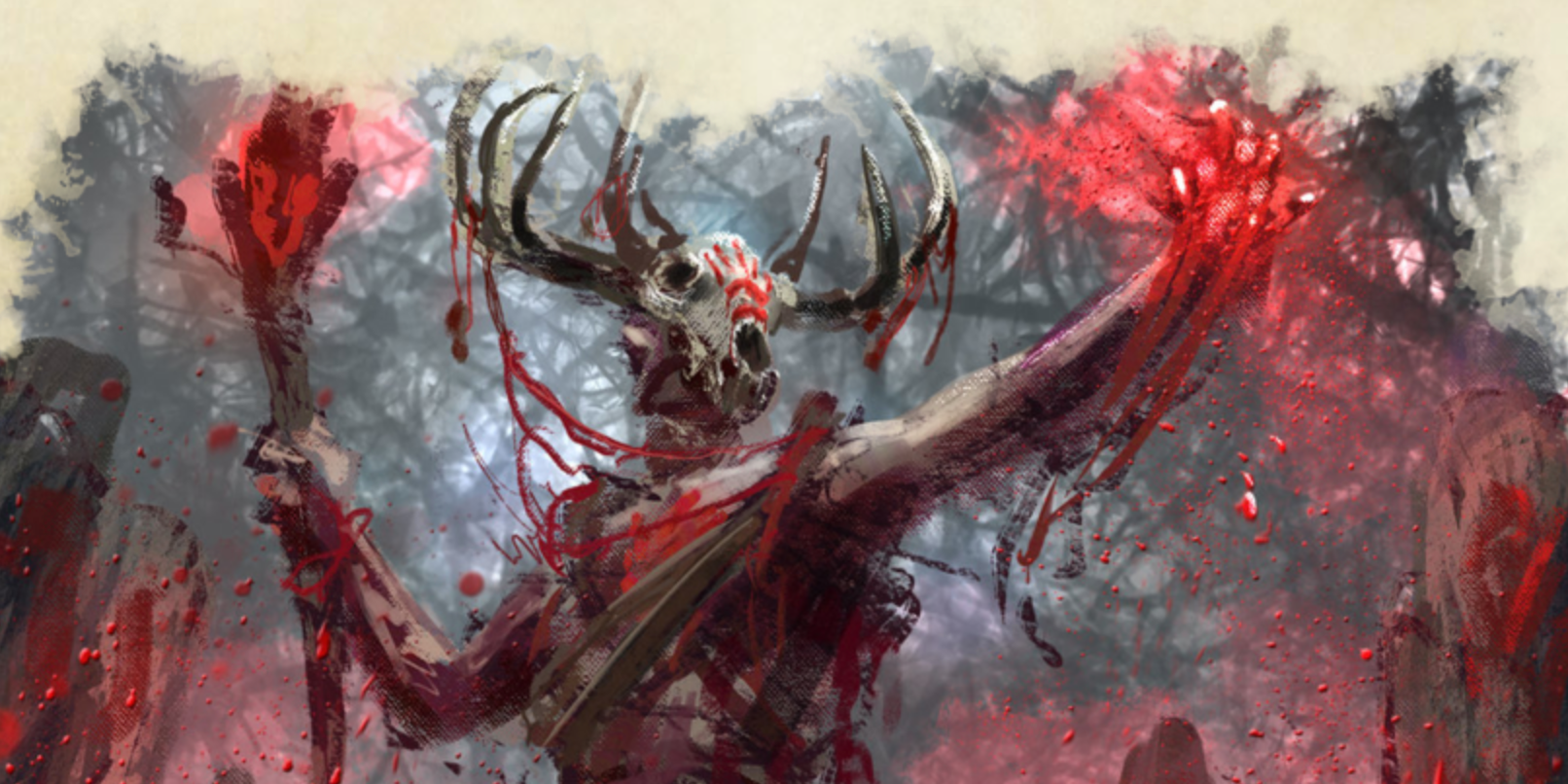 An image of a DnD shaman with a horned deer skull mask using their powers.