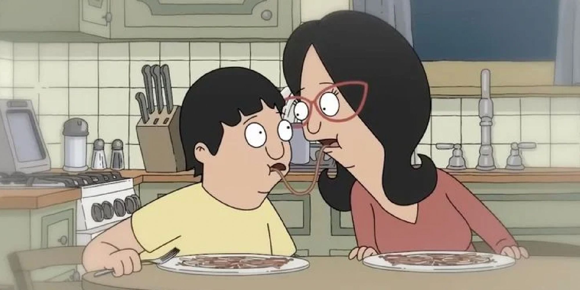 Gene and Linda sharing a spaghetti noodle on Bobs Burgers