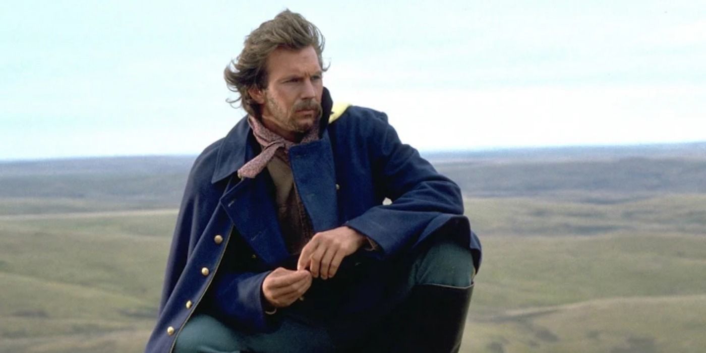 Kevin Coster kneeling in the Wild West in Dances with Wolves