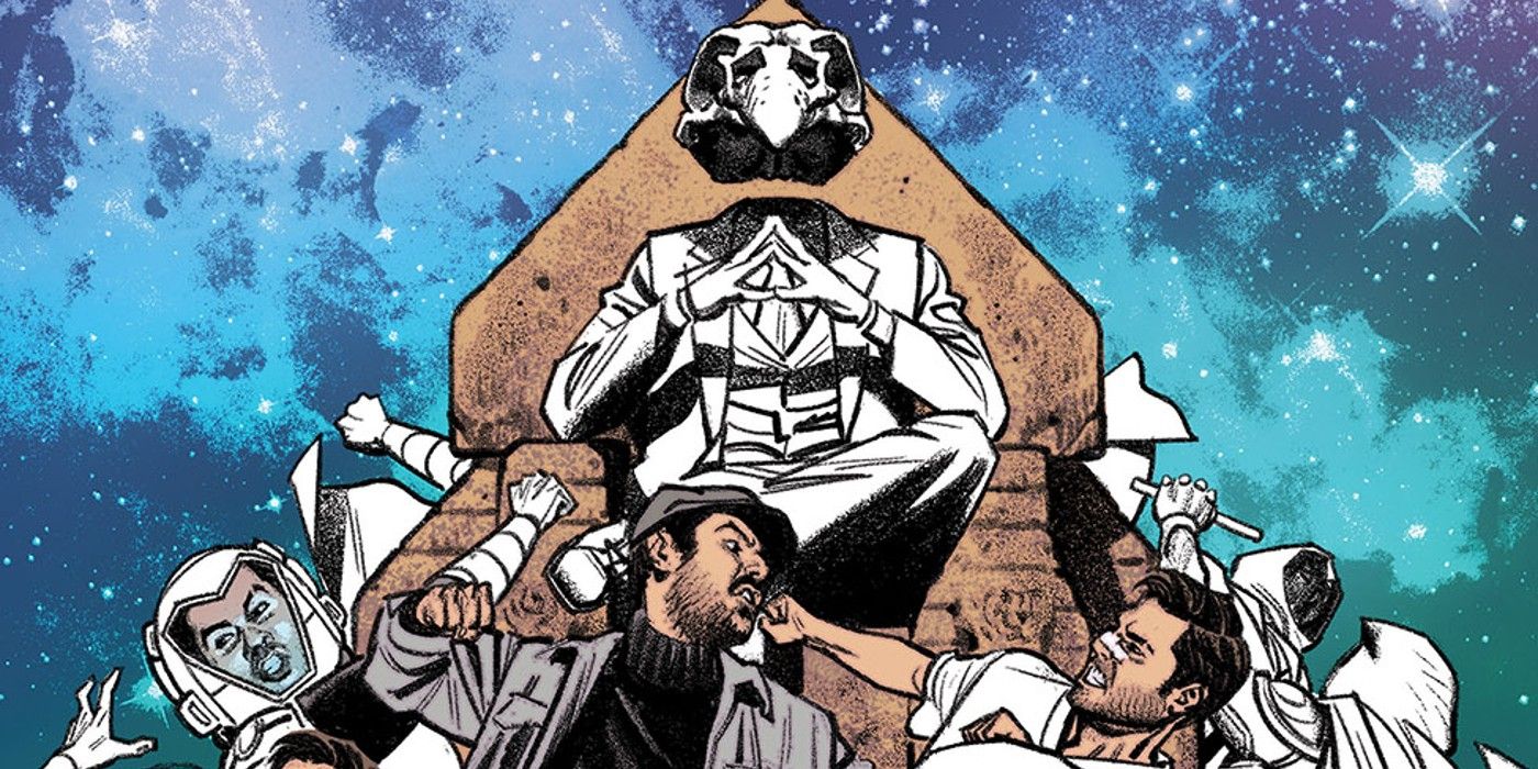 Khonshu sits on a pyramid throne while men fight at his feet in “Moon Knight.”