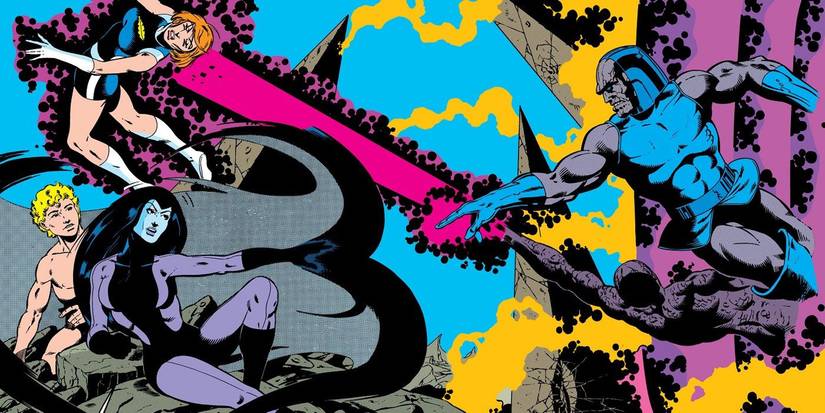 Comic book art: Darkseid battles the Legion of Super-Heroes.