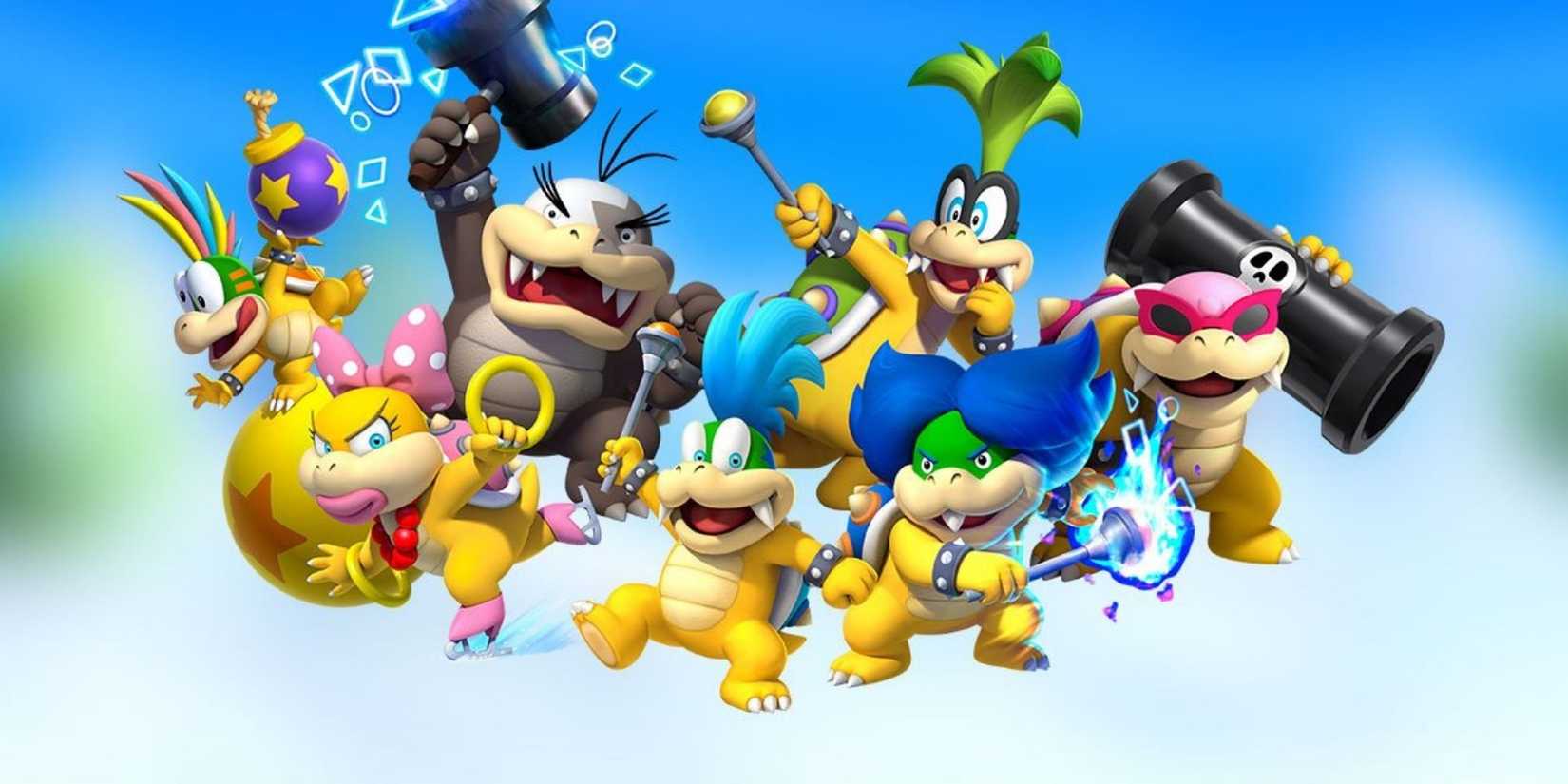 Koopalings em Mario Bros contra um fundo de céu desfocado