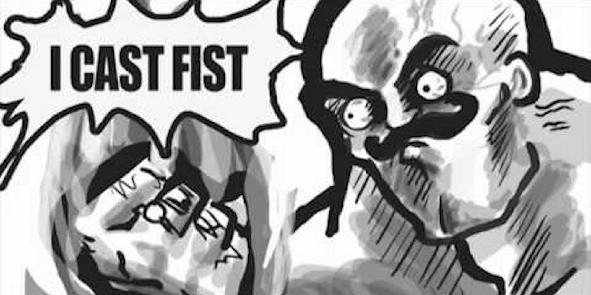 An image of a muscle wizard saying "I CAST FIST."