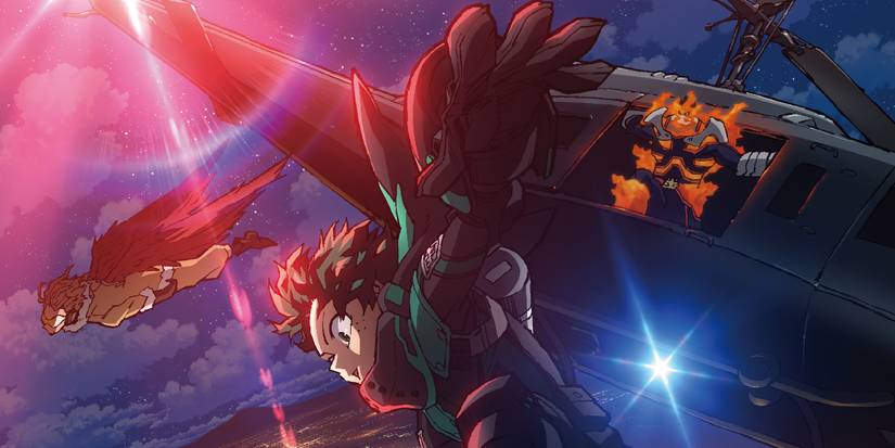 My Hero Academia's Deku, Hawks, and Endeavor all jumping out of a helicopter.