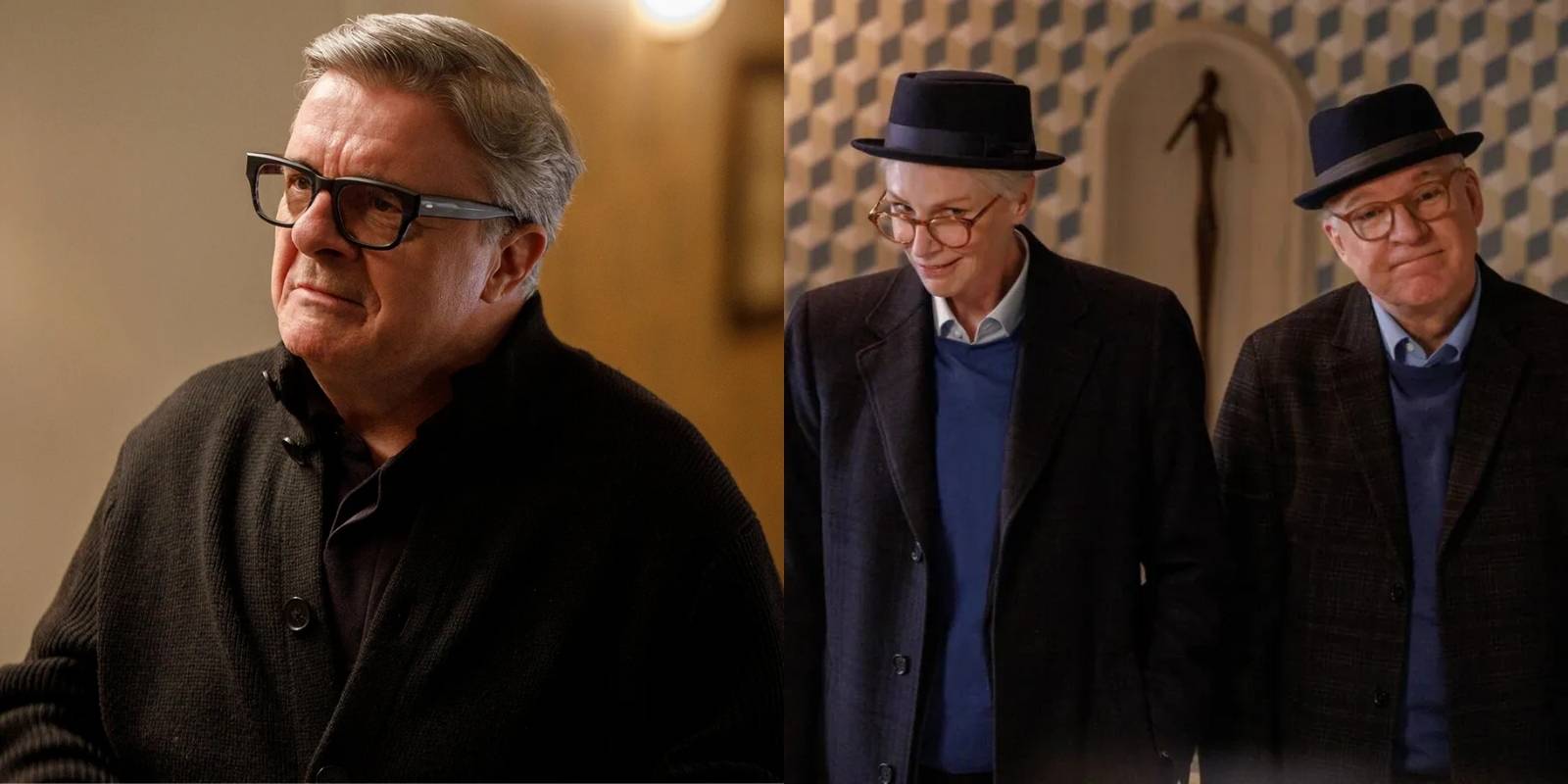 Nathan Lane as Teddy Dimas, Jane Lynch as Sazz Pataki, and Steve Martin as Charles Haden Savage in Only Murders in the Building