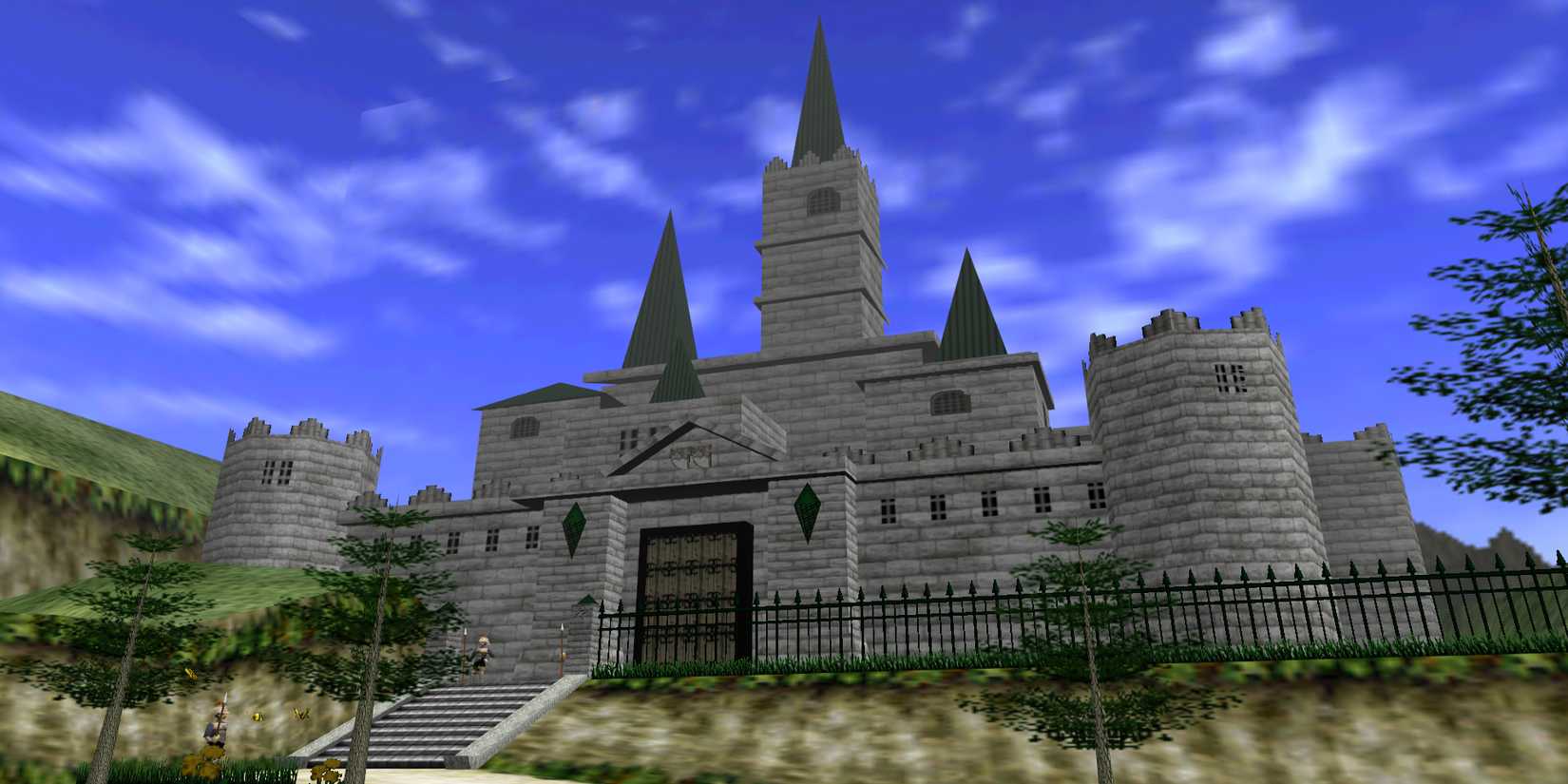 A screenshot of Hyrule Castle in The Ocarina of Time.