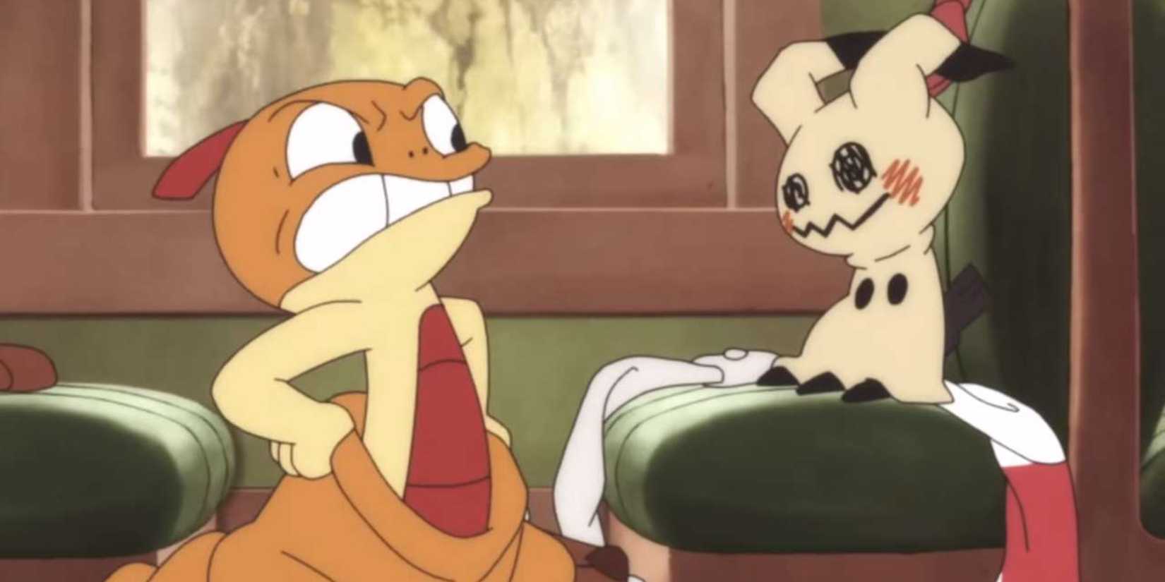 Scrafty squares up against Mimikyuu on a train