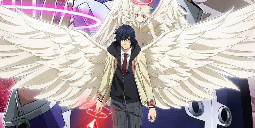 Shuji Nakaumi in Platinum End con grandi ali di fronte a uno sfondo grafico