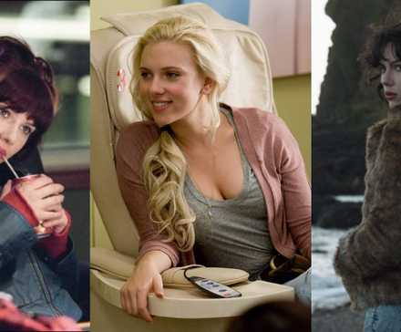 Разделенное изображение Скарлетт Йоханссон в The Perfect Score, He's Just Not That Into You и Under the Skin