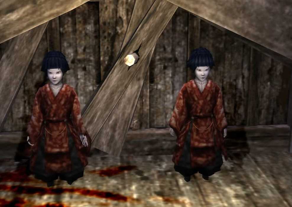Two geisha characters near a pool of blood in Kuon
