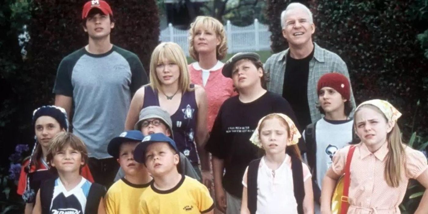 Steve Martin with his Cheaper By the Dozen family posing for a photo