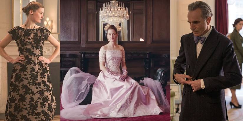 Alma Elson (Vicky Krieps) in a cocktail dress and then a pink evening dress beside an image of Reynolds Woodcock (Daniel Day-Lewis) wearing a suit in The Phantom Thread