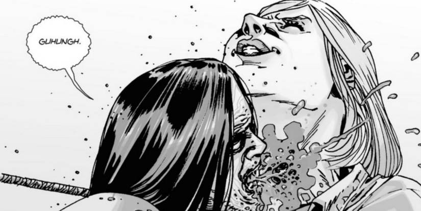 A zombie attacks a woman's throat from The Walking Dead