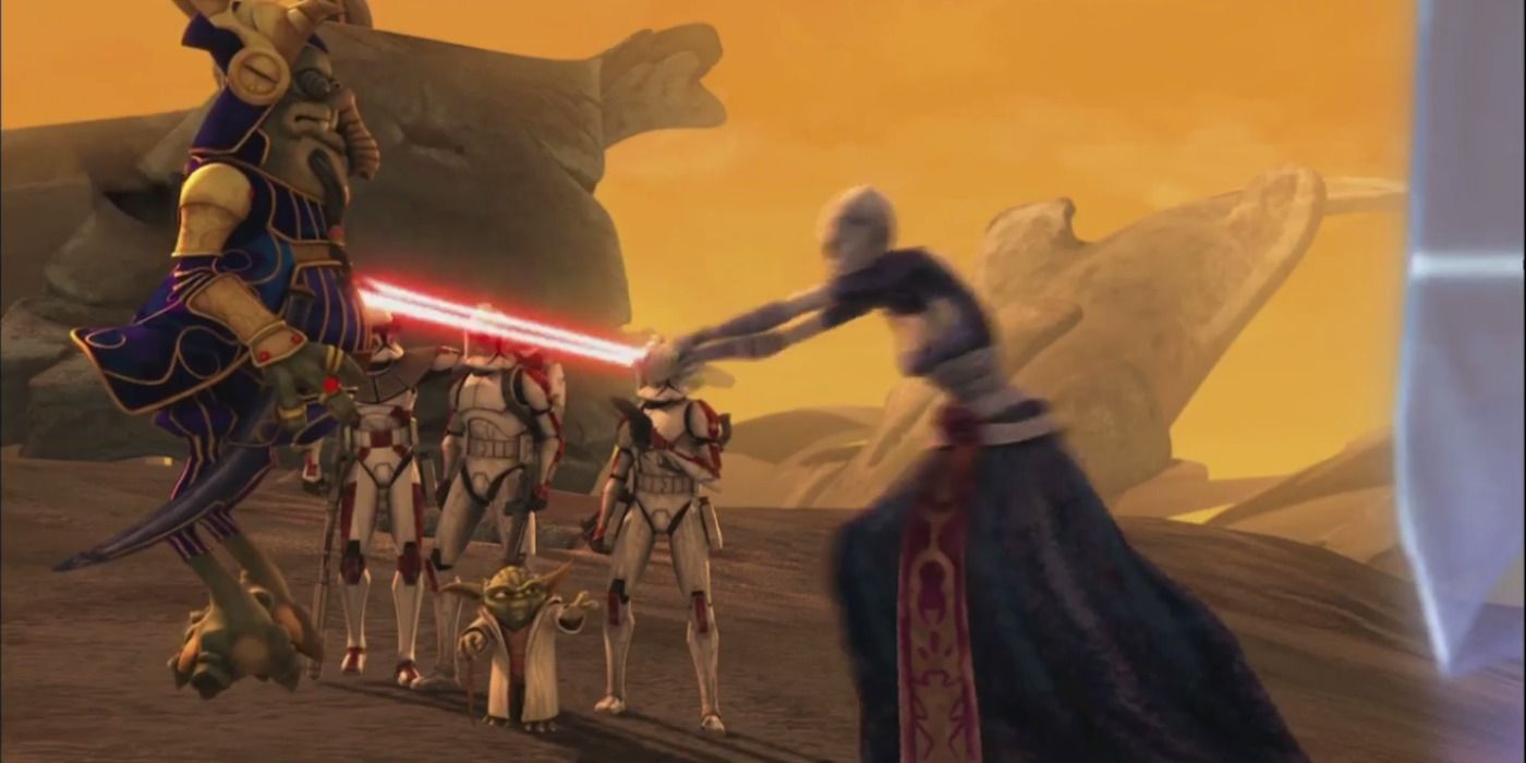 Yoda confronts and overpowers Asajj Ventress in The Clone Wars