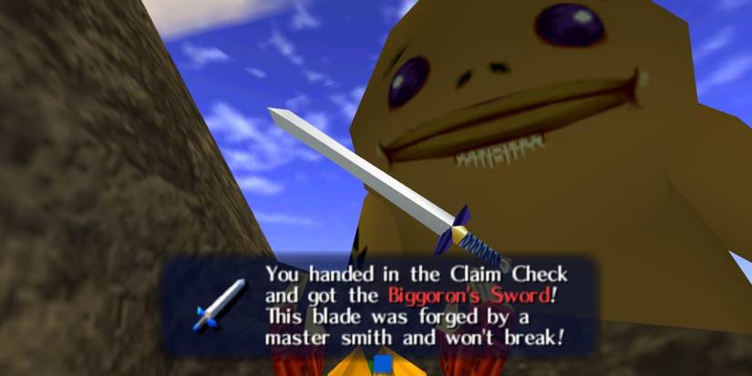 Link receives Biggoron's Sword in Ocarina of Time.