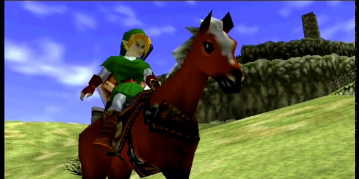 Link rides Epona in Ocarina of Time.