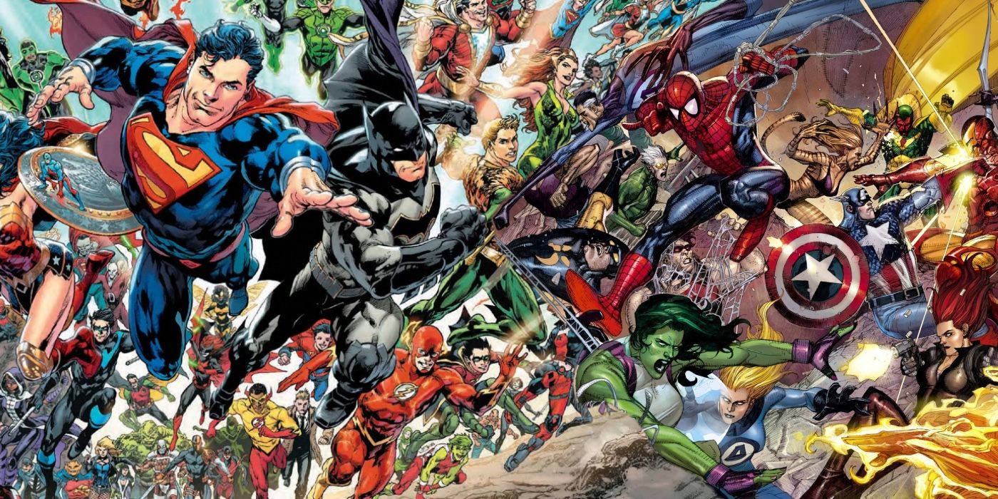 Comic book art: a large group shot of DC and Marvel superheroes from across the Multiverse.