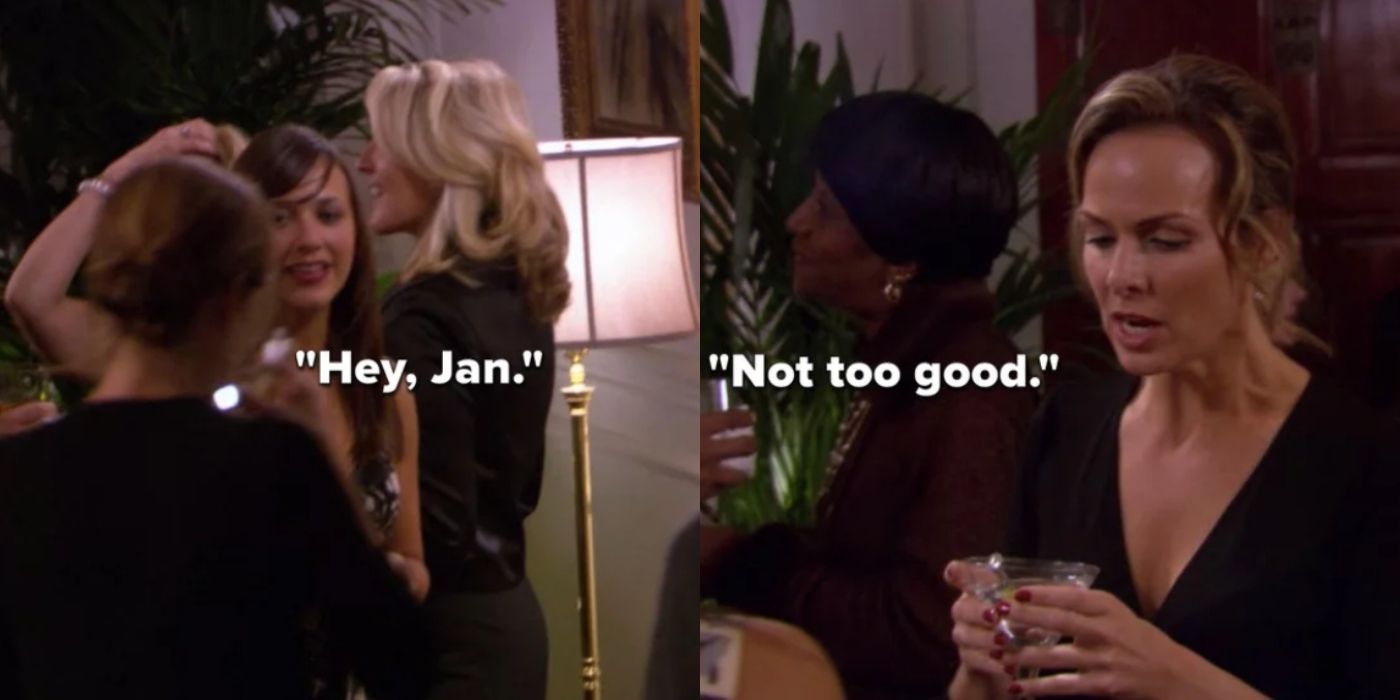 A split image of Karen and Jan talking at Cocktails in The Office