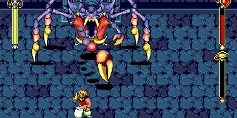 Prince Ali fighting a giant spider in Beyond Oasis