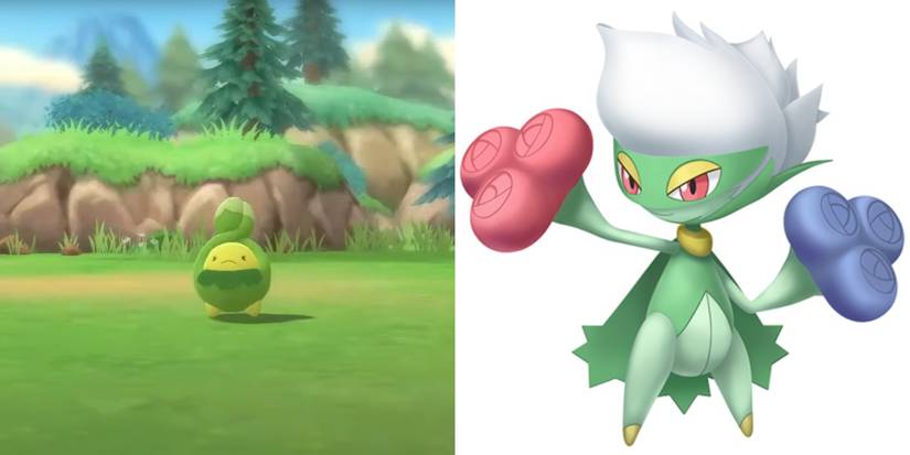 Split image of a wild Budew in BDSP and its final form Roserade