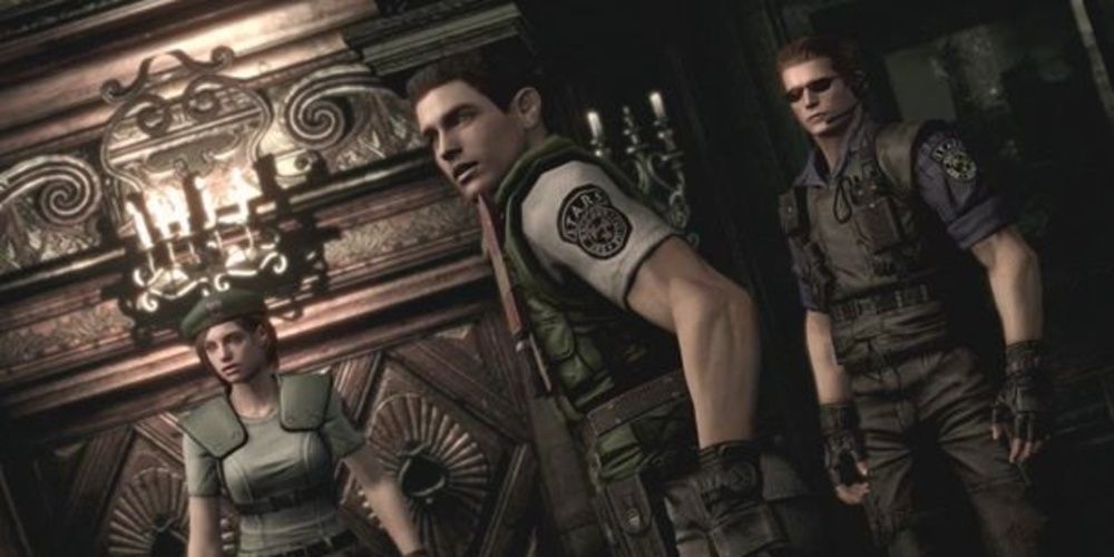 Chris Jill and Wesker stand in a mansion in Resident Evil 2002 Cropped 1