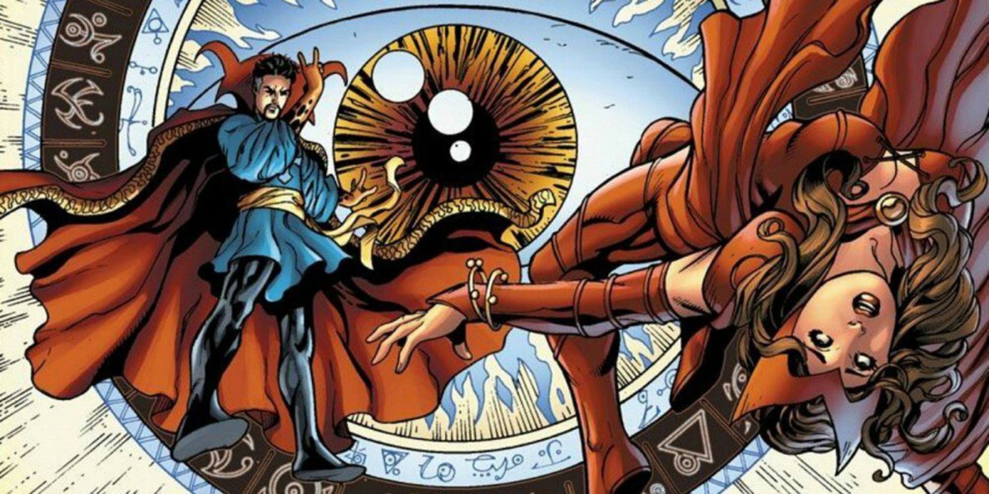 Doctor Strange fights Scarlet Witch in Marvel Comics.