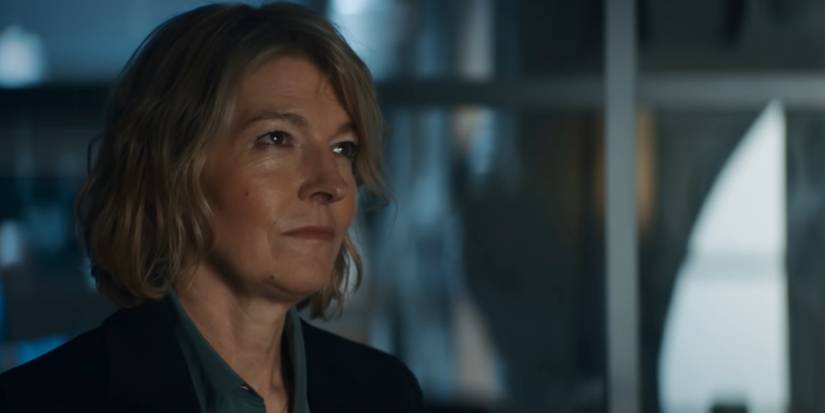 Jemma Redgrave looking serious as Kate Lethbridge-Stewart in Doctor Who.