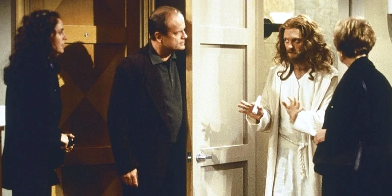 Frasier Crane, Niles Crane (dressed as Jesus), and the Moskowitzes in Merry Christmas Mrs Moskowitz episode of Frasier