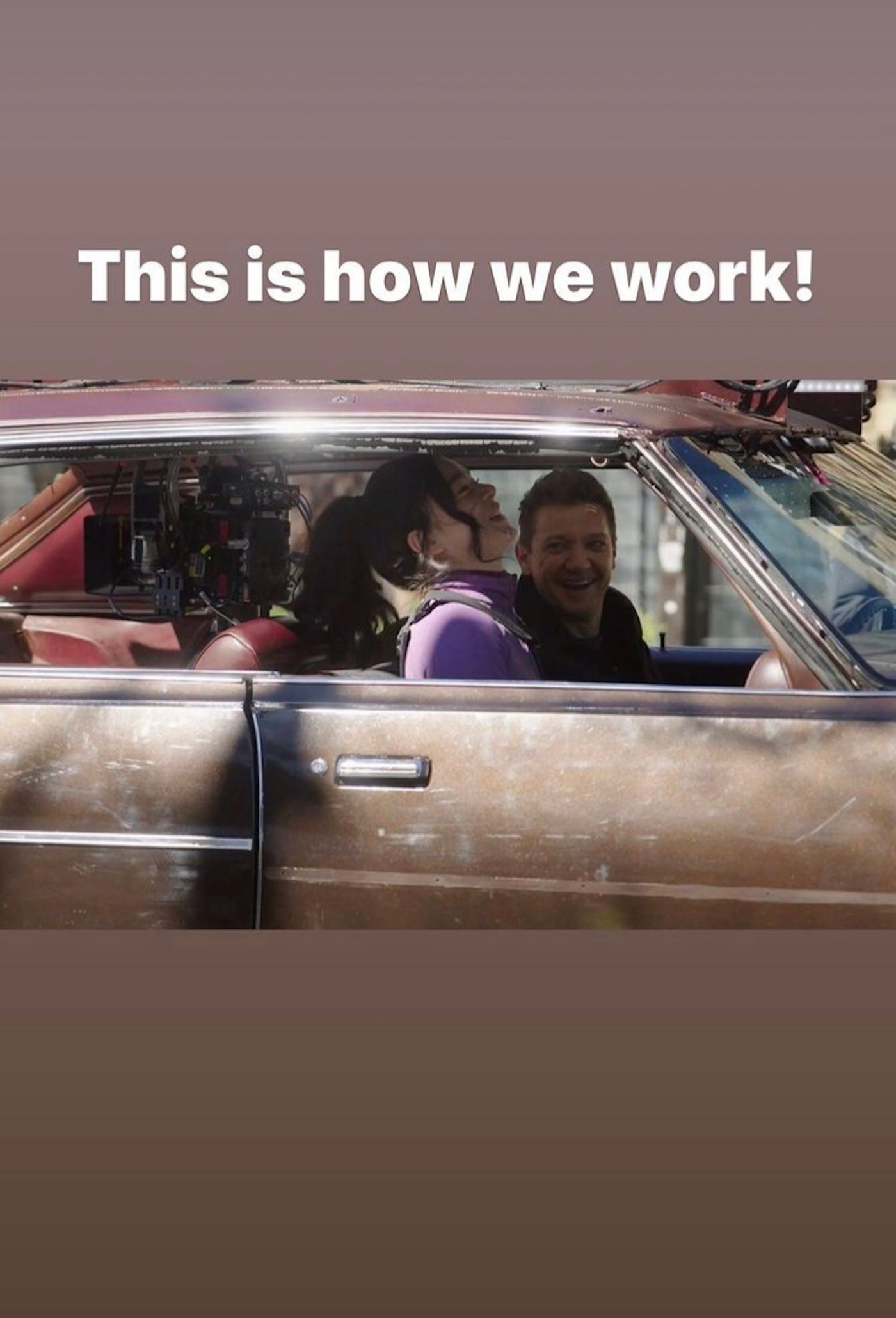 Hawkeye Set Photos Show Renner & Steinfeld Giggling in a Car