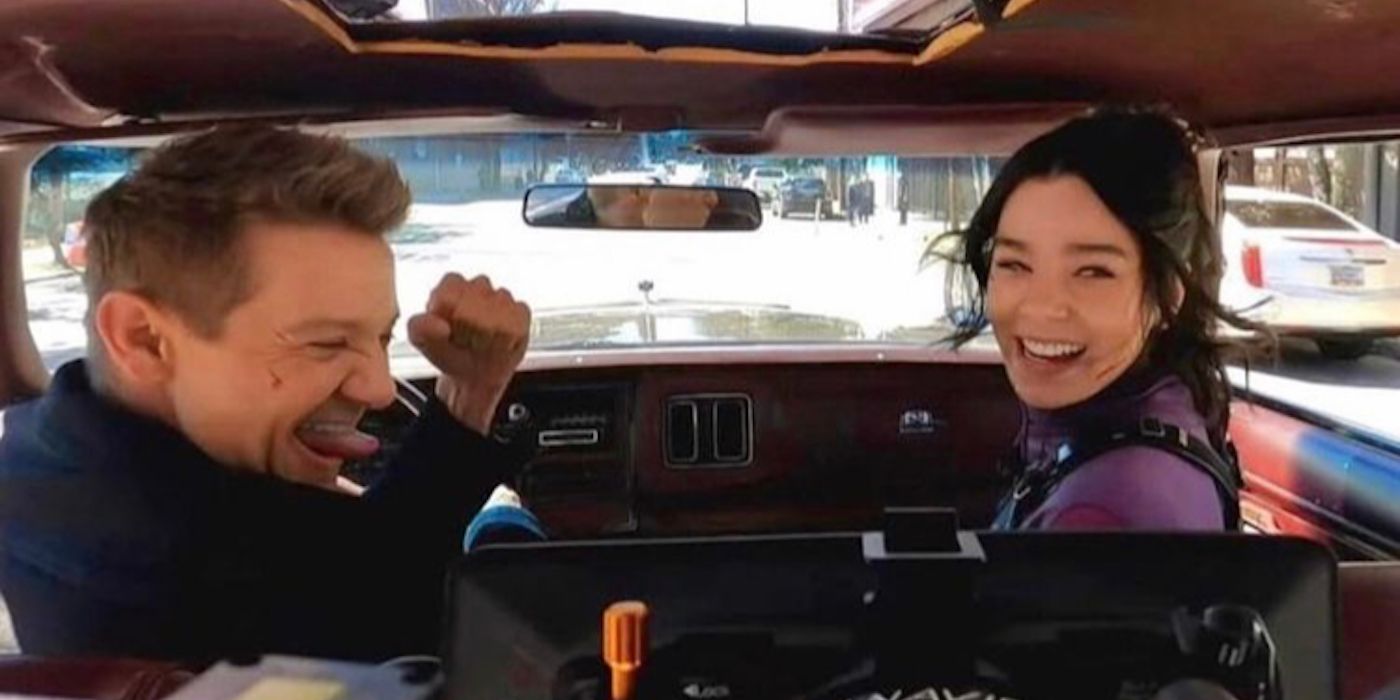 Hawkeye Set Photos Show Renner & Steinfeld Giggling in a Car