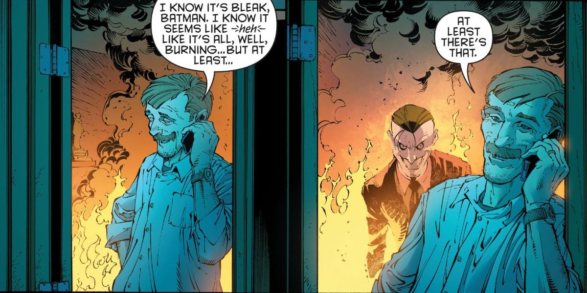 Joker emerging from the fire on an unsuspecting Gordon in Endgame comic.