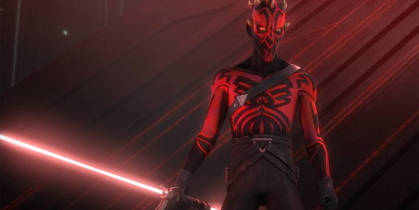 Maul com o sabre de luz em punho nos templos Sith durante Rebels