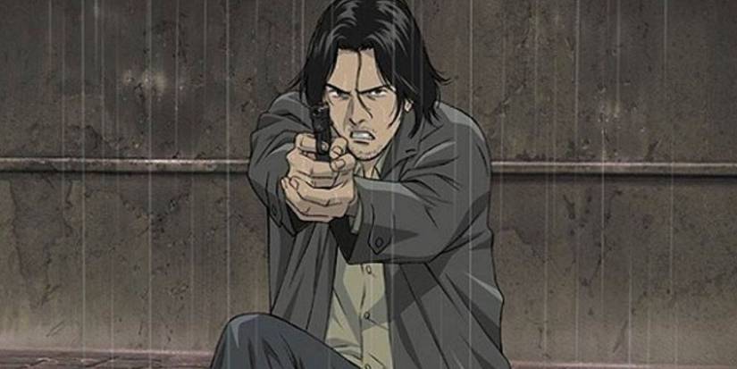 Eine männliche Figur, die im Monster-Anime eine Waffe im Regen hält