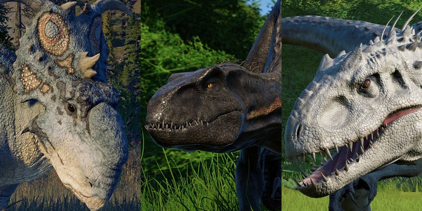 Split image of a Pachyrhinosaurus Indoraptor and Indominus Rex in Jurassic World Evolution 2