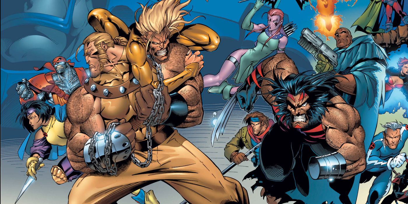 The heroes and villains of Age Of Apocalypse fighting