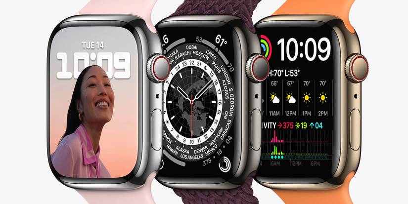 Apple Watch Series 7 showing three different faces.