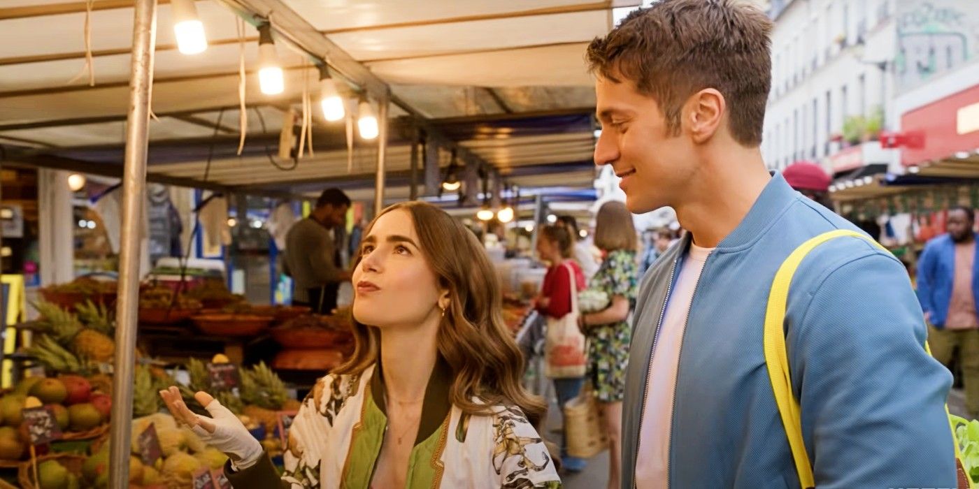 Emily (Lily Collins) and Gabriel (Lucas Bravo) together in a market in Emily in Paris