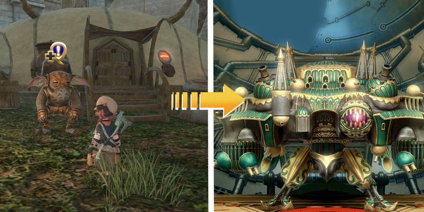 A Final Fantasy 14 character talking to an NPC on the right and a boss from the Alexander Raids to the right.