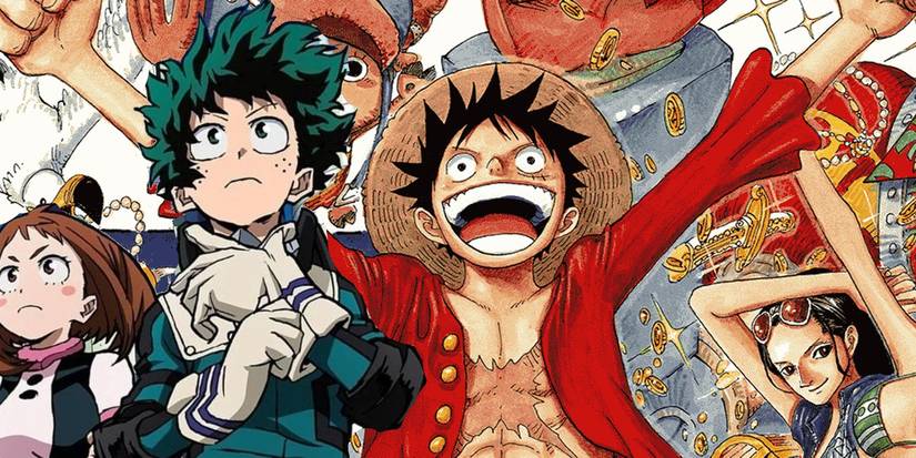 Luffy của One Piece đang cổ vũ cùng Deku của My Hero Academia đang đeo găng tay.