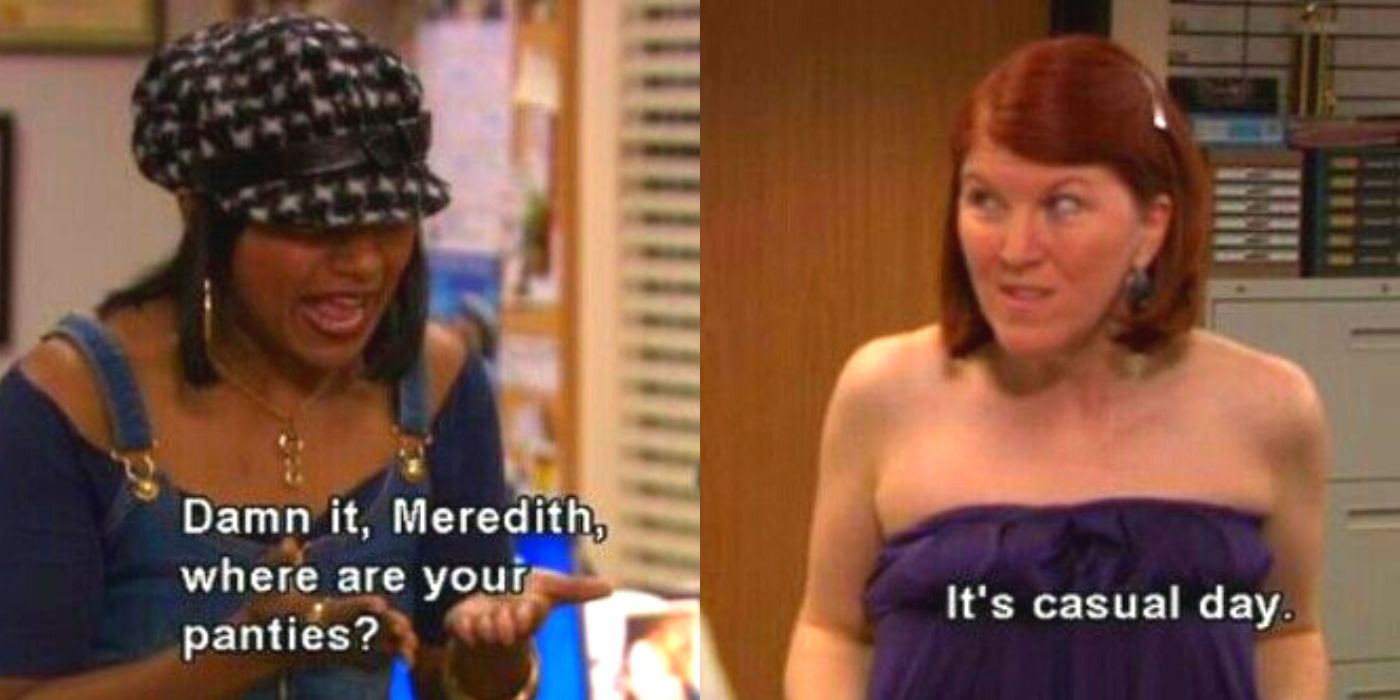 A split image of Kelly and Meredith talking about casual day on The Office