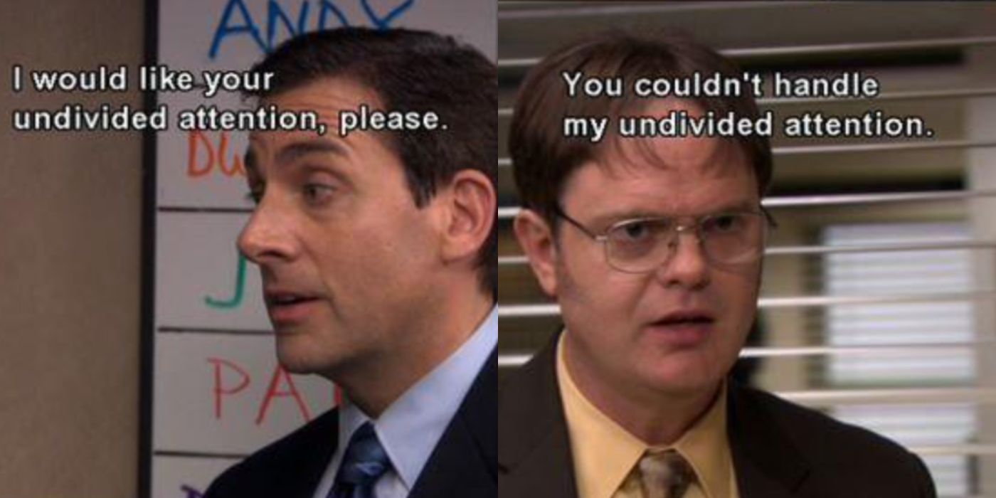 A split image of Michael and Dwight talking about attention on The Office